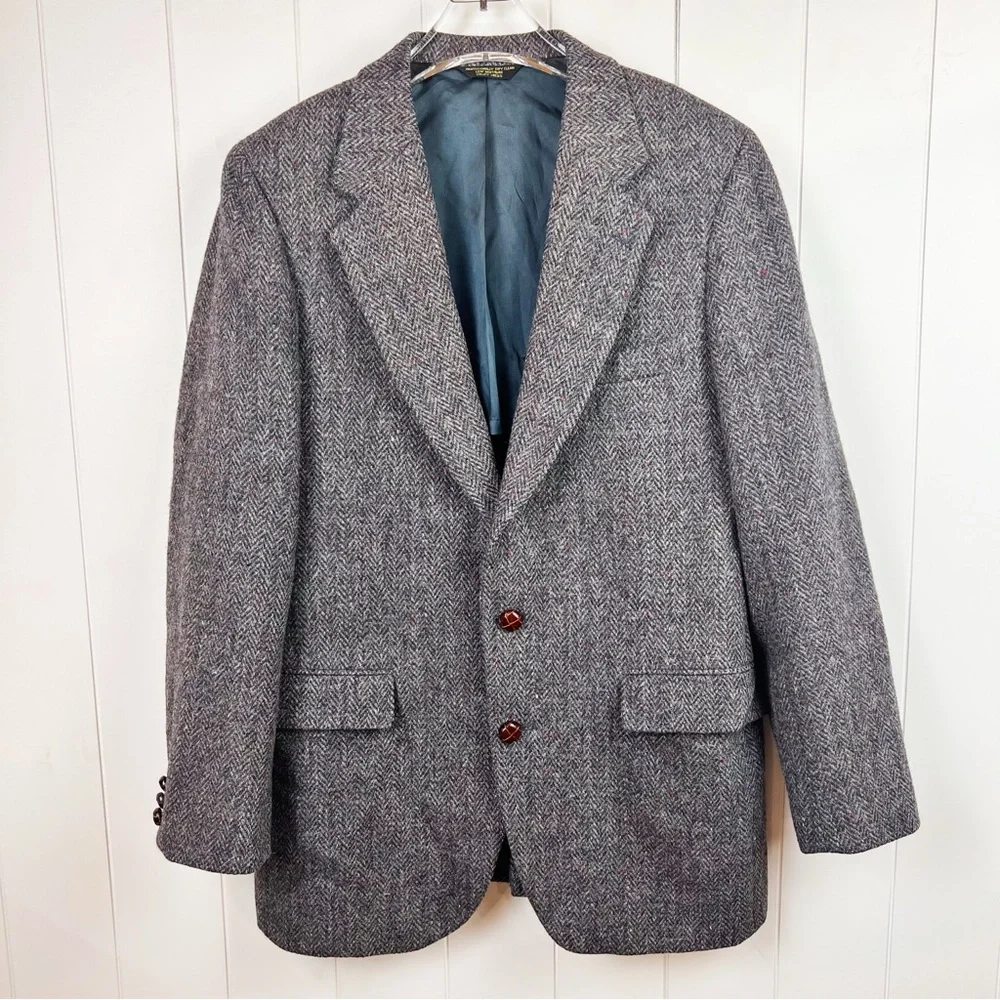 Harris Tweed Vtg Mens Gray 100% Scottish Wool Sport Coat Blazer Herringbone